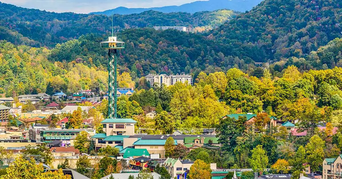 aerial view of downtown gatlinburg
